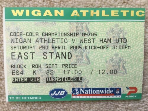 West Ham football ticket stub. Wigan v West Ham From Season 2004-05.