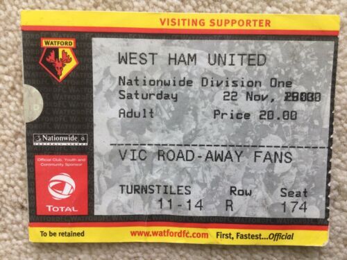 West Ham football ticket stub. Watford v West Ham From Season 2003-04.