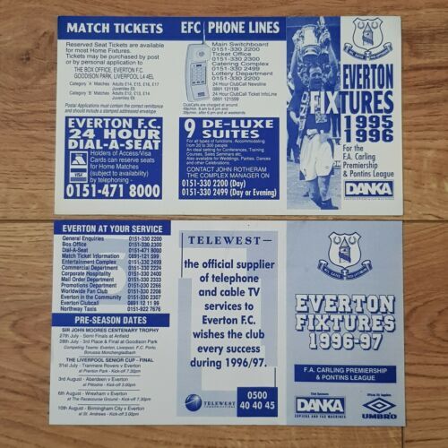 Everton Football Club EFC Vintage 1995-96 and 1996-97 Unfolded Fixtures Lists