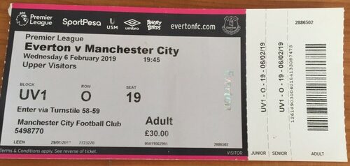 2019 Football ticket stub – Everton v Man City, 06/02/19 at Goodison Park