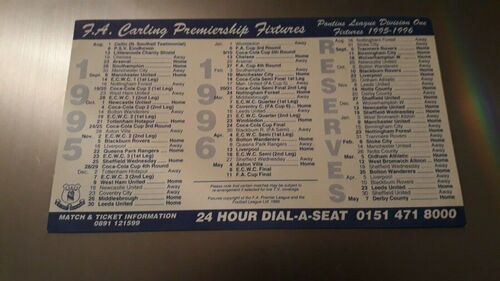 Vintage Everton FC football club fixtures list card advertisement 1995 to 1996