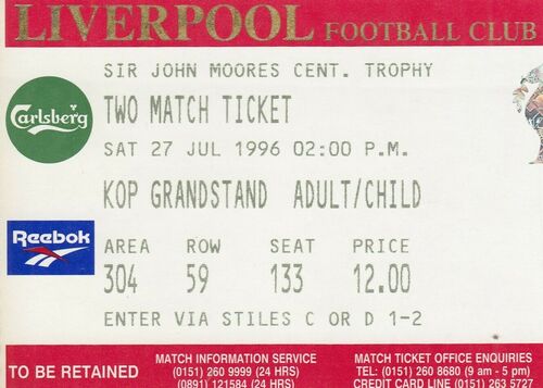 Ticket - Everton v Borussia Monchengladbach 27.07.96 Moores Trophy @ Liverpool