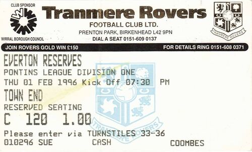 Ticket - Tranmere Rovers Reserves v Everton Reserves 01.02.96