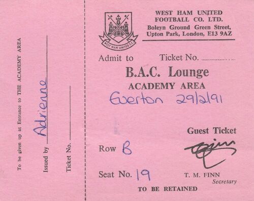 Ticket - West Ham United v Everton 29.02.91 Academy Area