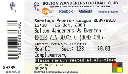 Ticket – Bolton Wanderers v Everton 25.10.09