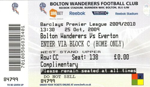 Ticket - Bolton Wanderers v Everton 25.10.09