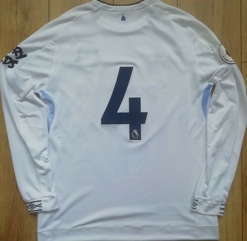 MATCH WORN EVERTON U23 WHITE and BLUE LONG SLEEVED NUMBER 4 AWAY SHIRT