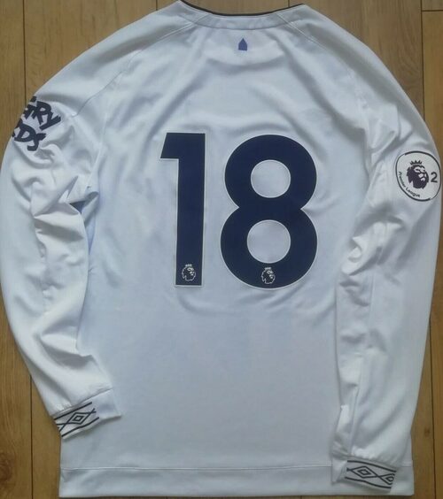 MATCH WORN EVERTON U23 WHITE and BLUE LONG SLEEVED NUMBER 18 AWAY SHIRT