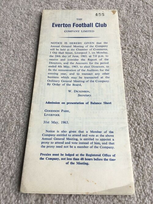 1963 Everton FC AGM Notice with Income and Expenditure / Balance Sheet item