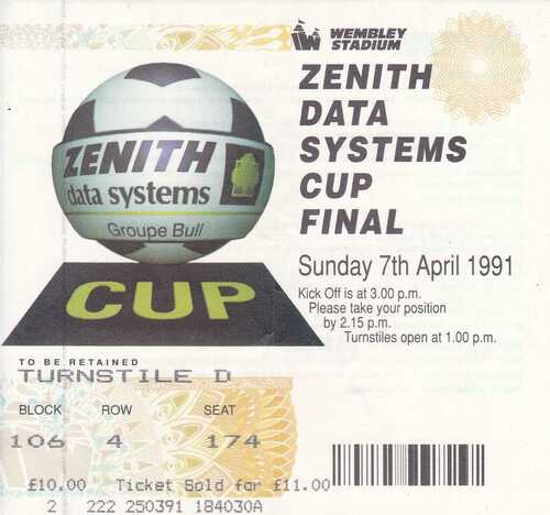 Zenith Data Systems Final Ticket Stub 7 April 1991 Crystal Palace v Everton