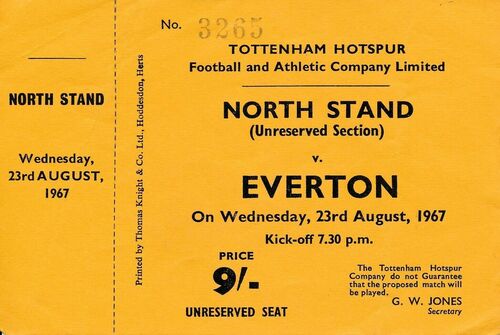 TICKET: Tottenham v Everton 1967/1968 - UNUSED