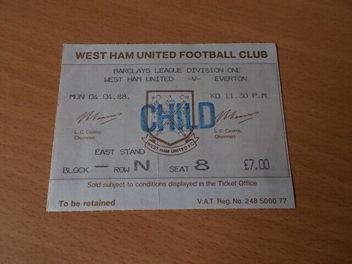 West Ham v Everton Ticket 4-4-1988.